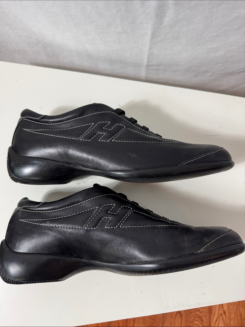 Hogan Black Leather Slip On Sneakers with White Stitchingi